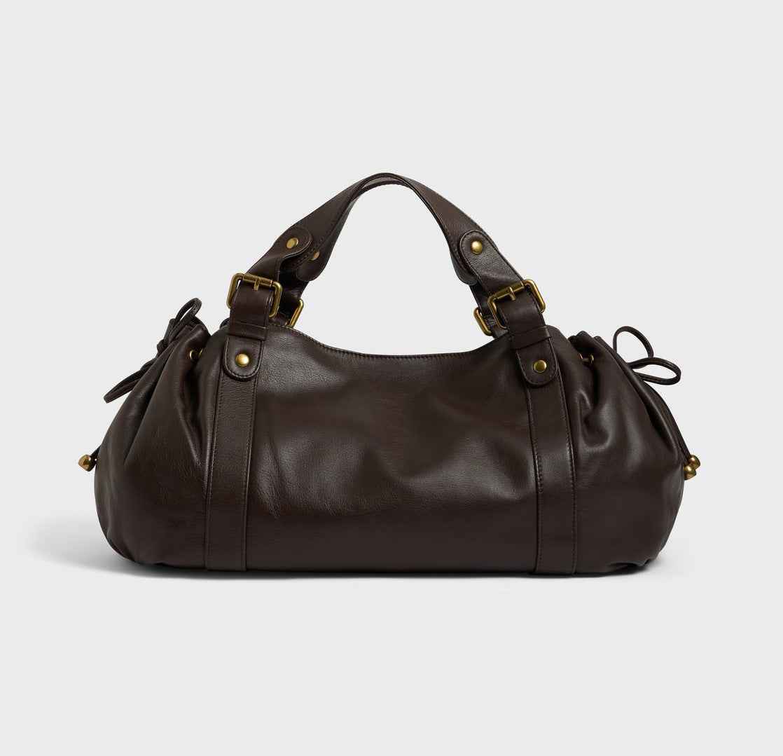 Black large capacity soft leather tote bag with pleated drawstring hand-held shoulder bag - MODALIFE