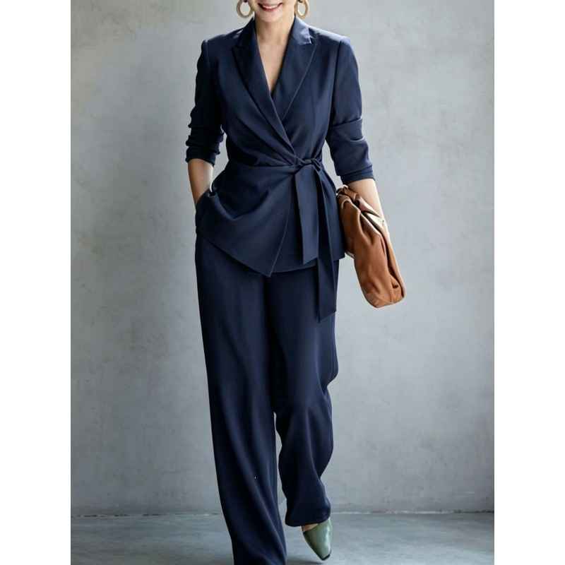 Women's casual solid color suit lace up top and pants two-piece set - MODALIFE