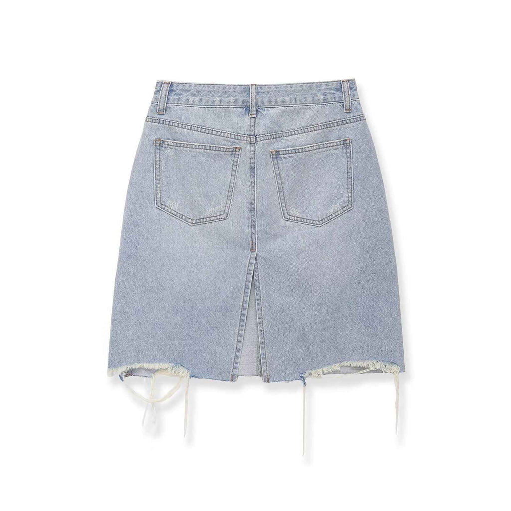 Mid waist perforated casual denim skirt