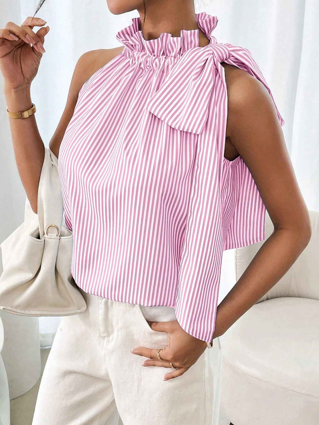 Fashionable Casual Sleeveless Striped Lace Trim High Neck Tie Knot T-Shirt Top - MODALIFE