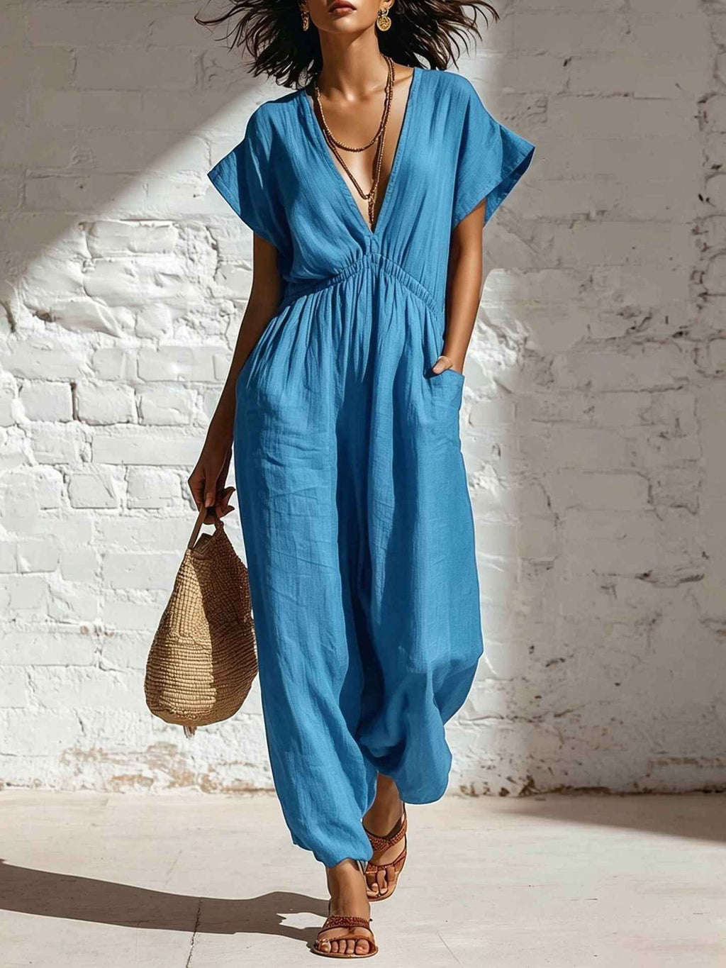 Deep V-neck loose fit pants for women - MODALIFE
