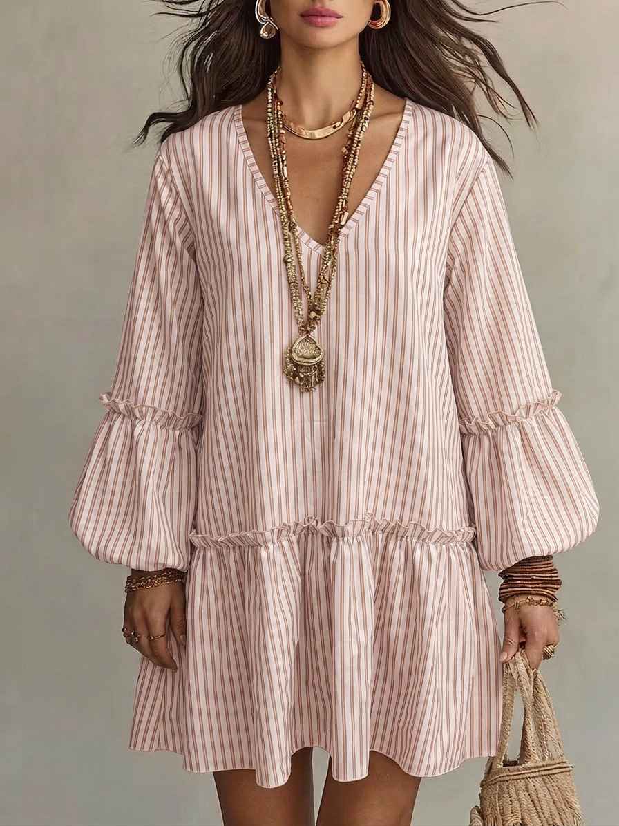 Style Autumn New Women's Long Sleeve Dress Stripe Print V-Neck Lantern Sleeve Loose Mini Dress - MODALIFE