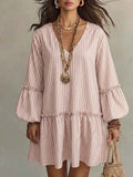 Style Autumn New Women's Long Sleeve Dress Stripe Print V-Neck Lantern Sleeve Loose Mini Dress - MODALIFE