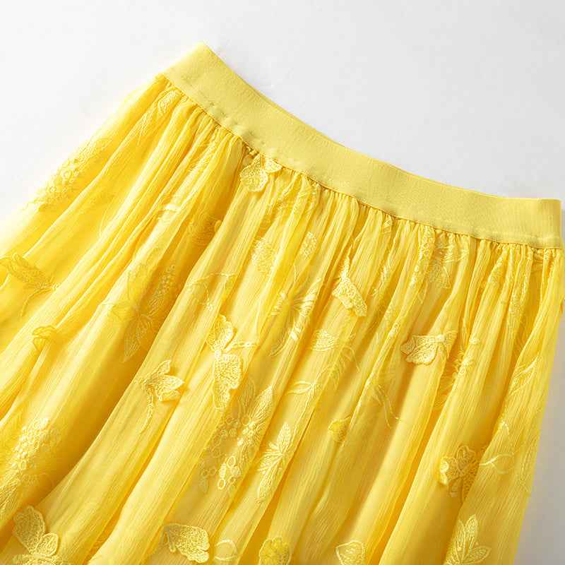 Embroidered Silk Patchwork High-Waisted Flared Yellow Midi Skirt - MODALIFE