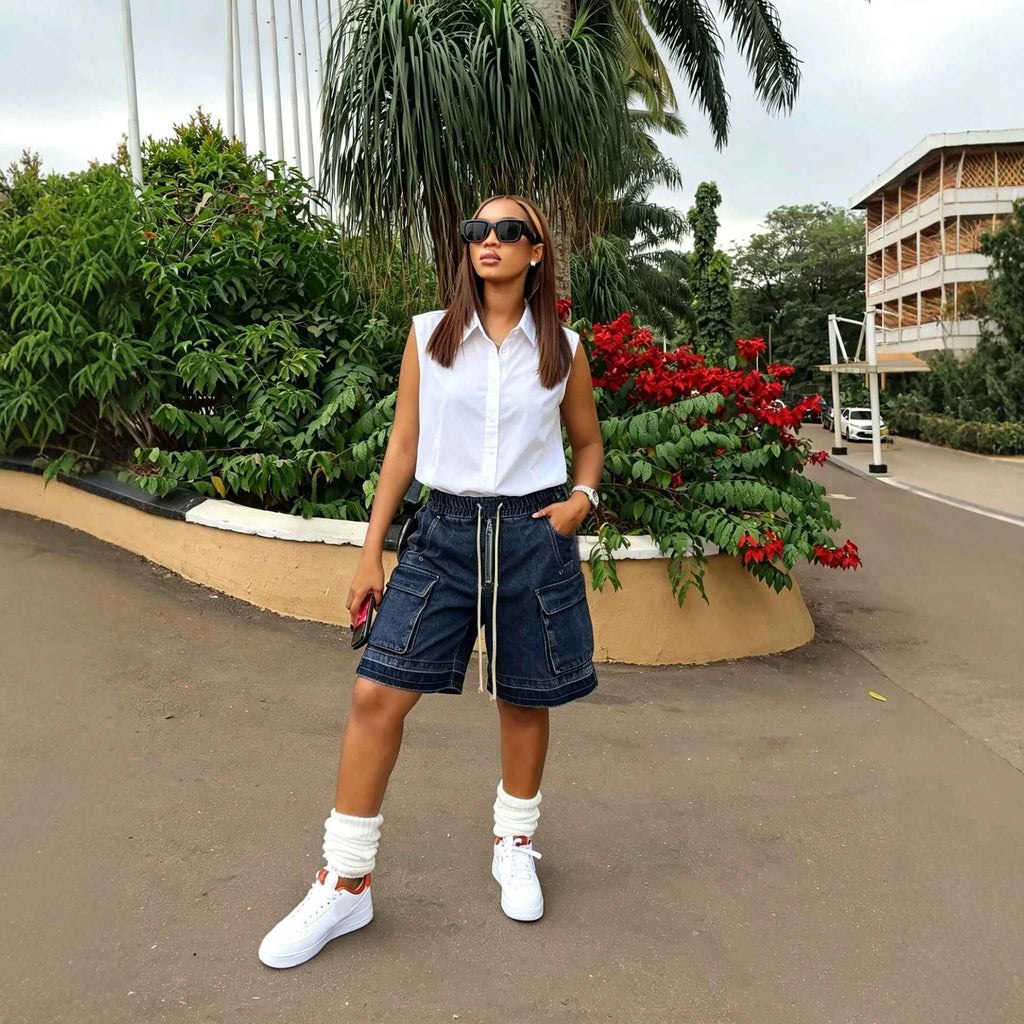 Washed Tie-Up Distressed Frayed Denim Shorts with Belt Loops - MODALIFE