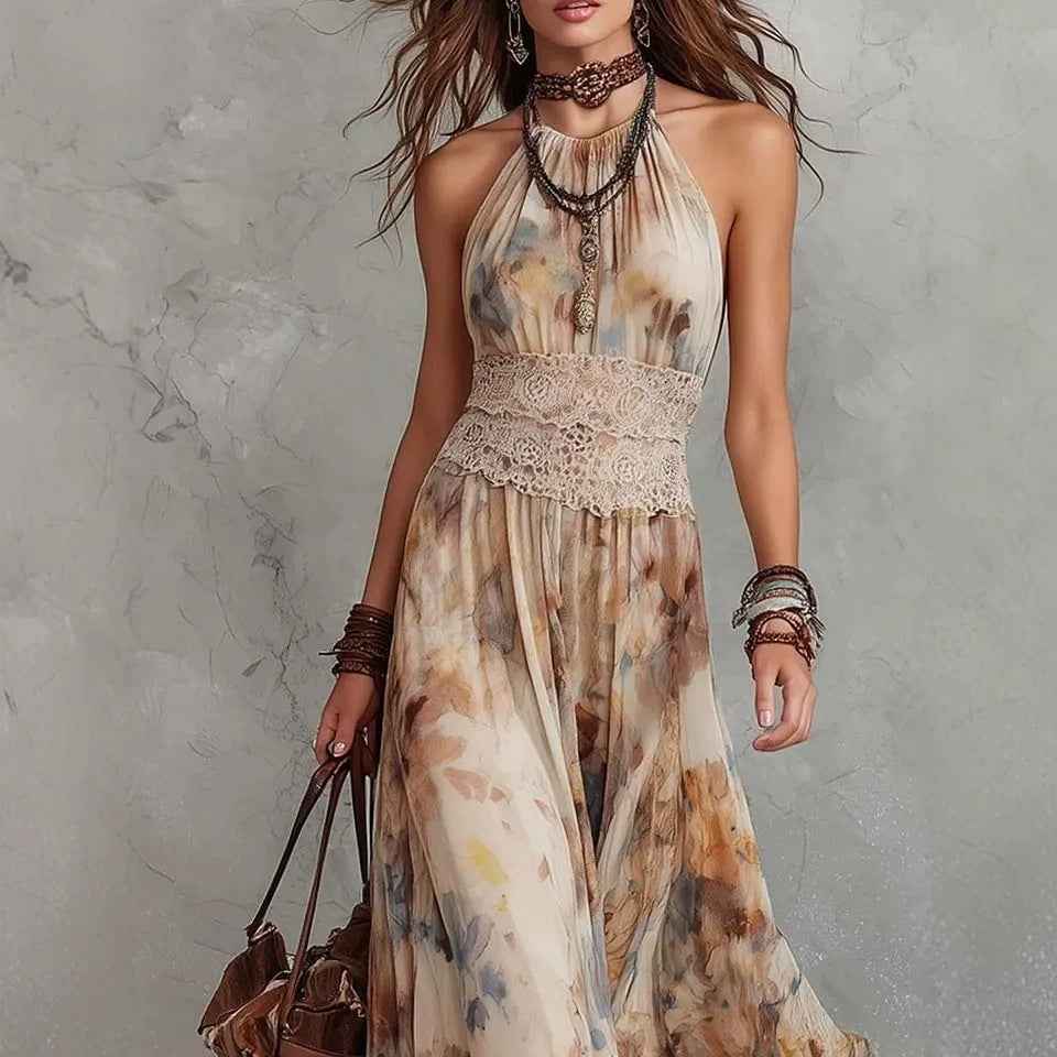 French Vintage Painted Floral Backless Strapless Summer Beach Vacation Long Dress - MODALIFE