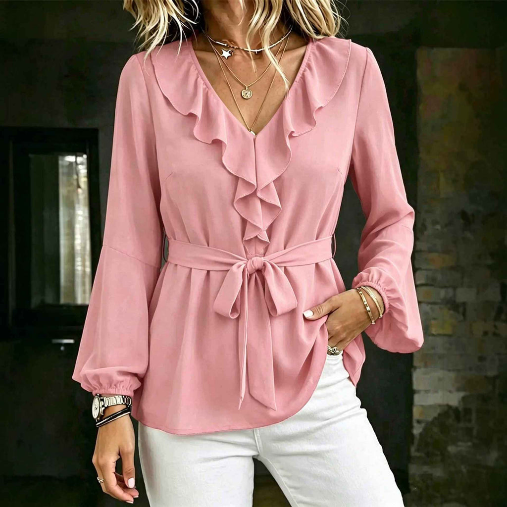 Elegant Women's V-Neck Ruffle Blouse with Tie Waist, Lantern Sleeves Long Sleeve Top - MODALIFE