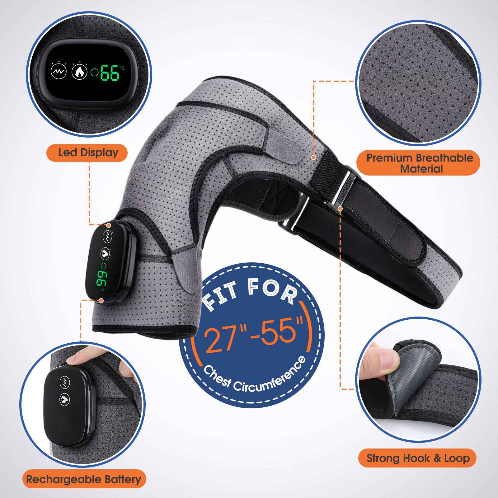 Massage Shoulder Support with Touchscreen Controller, Rechargeable Vibrating Heat Therapy Shoulder Massager Belt - MODALIFE