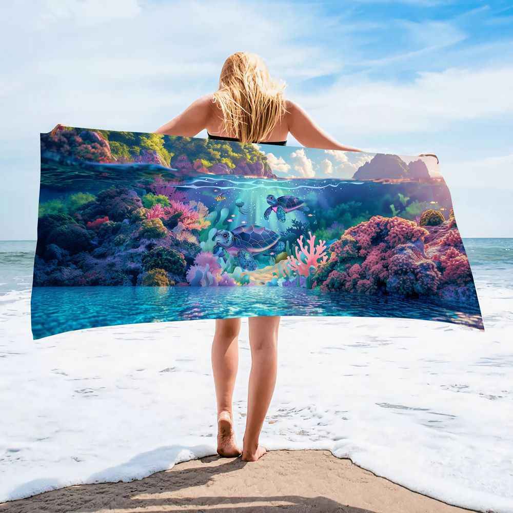 Ocean Turtle Pattern Beach Towel Ultra-Fine Fiber Quick-Dry Double-Sided Fleece Bath Towel Sand Blanket