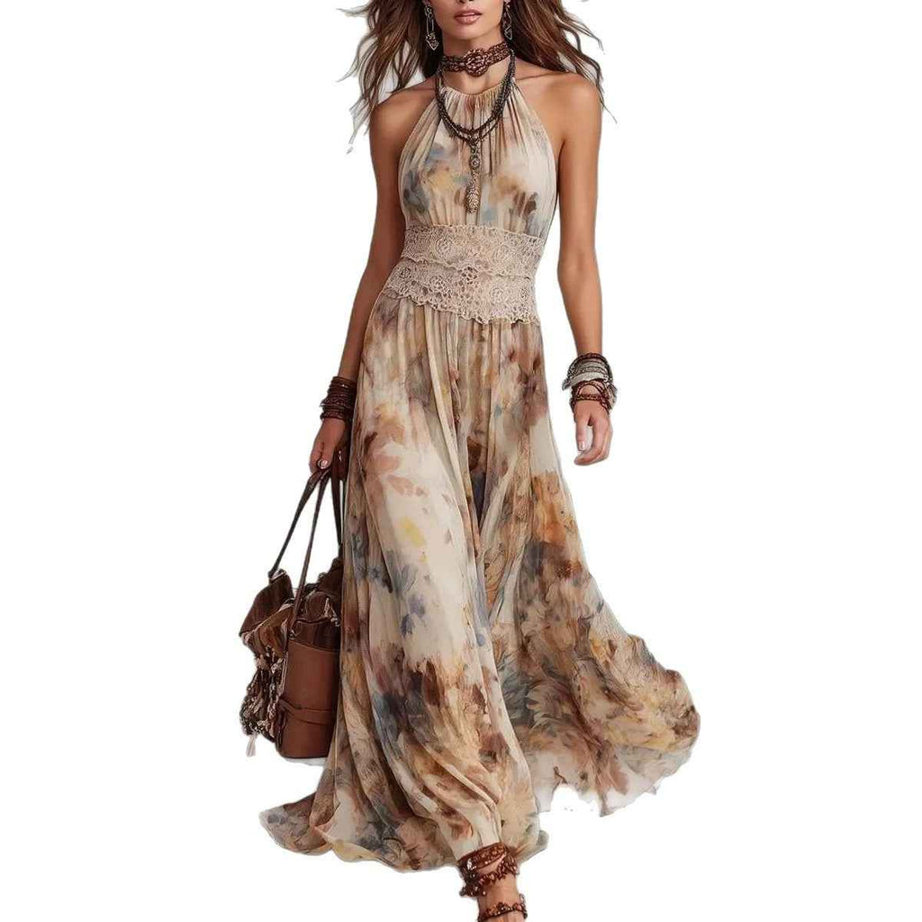 French Vintage Painted Floral Backless Strapless Summer Beach Vacation Long Dress - MODALIFE