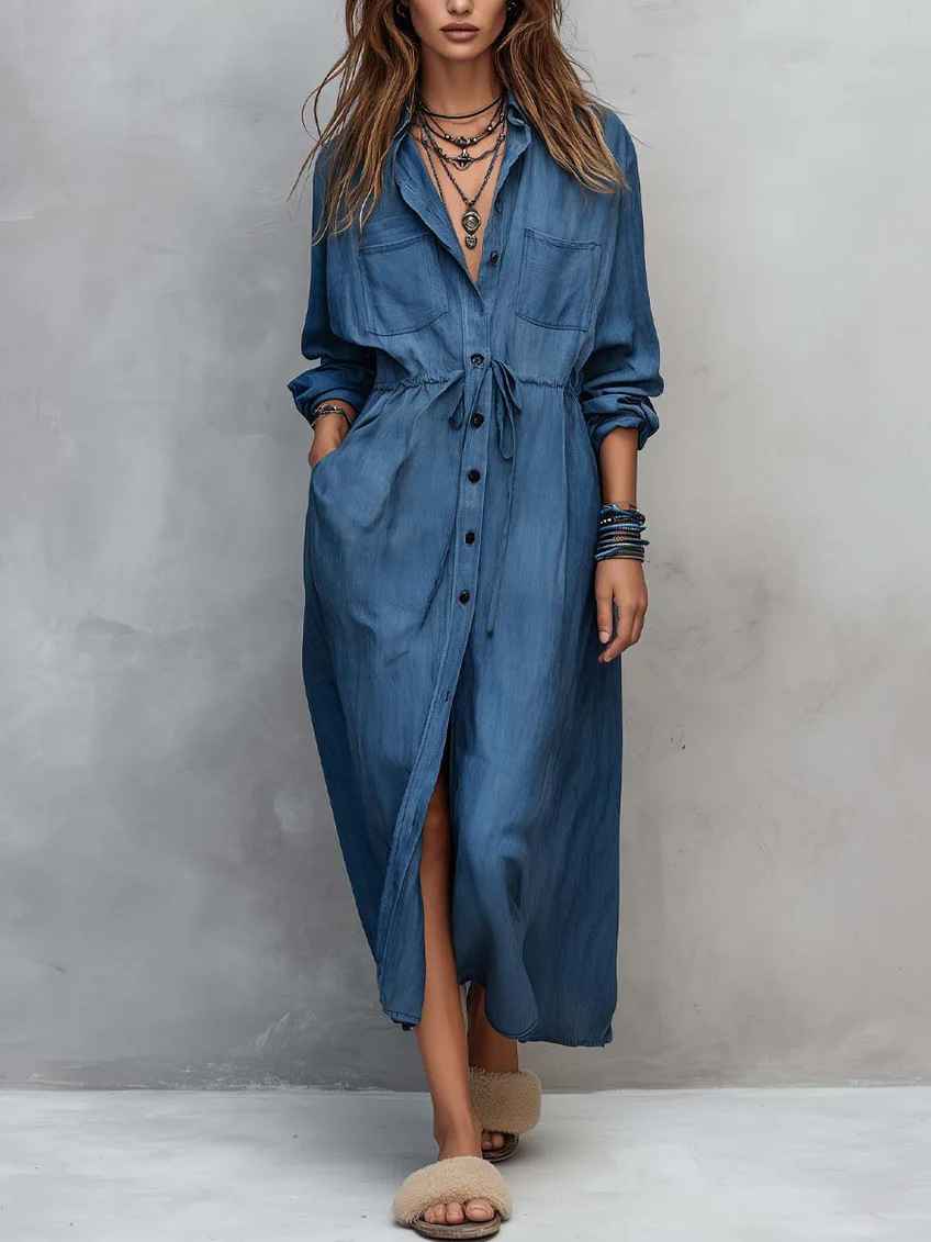 Spring and Autumn Casual Drawstring Waist Shirt Dress Loose Style for Women - MODALIFE