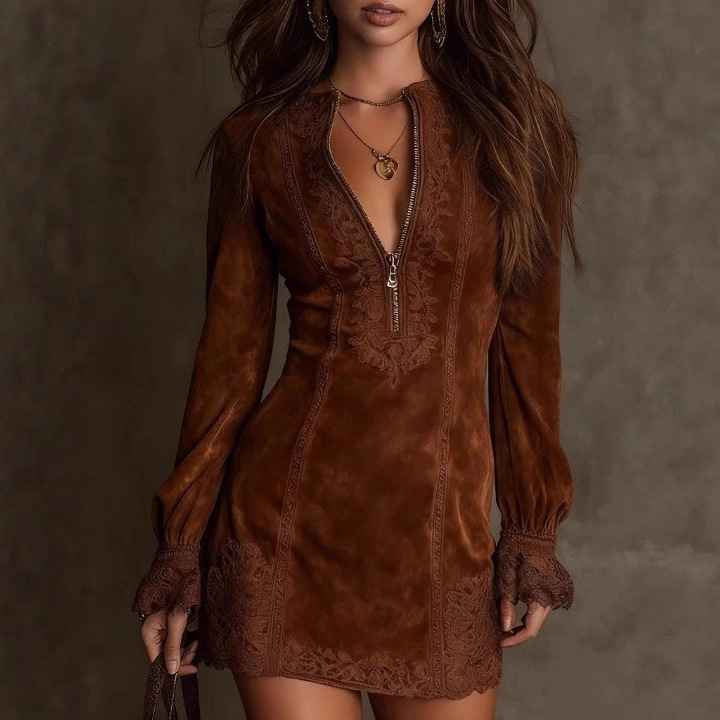 Elegant Long Sleeve Zipper Lace Trim Fitted Midi Dress for Women - MODALIFE