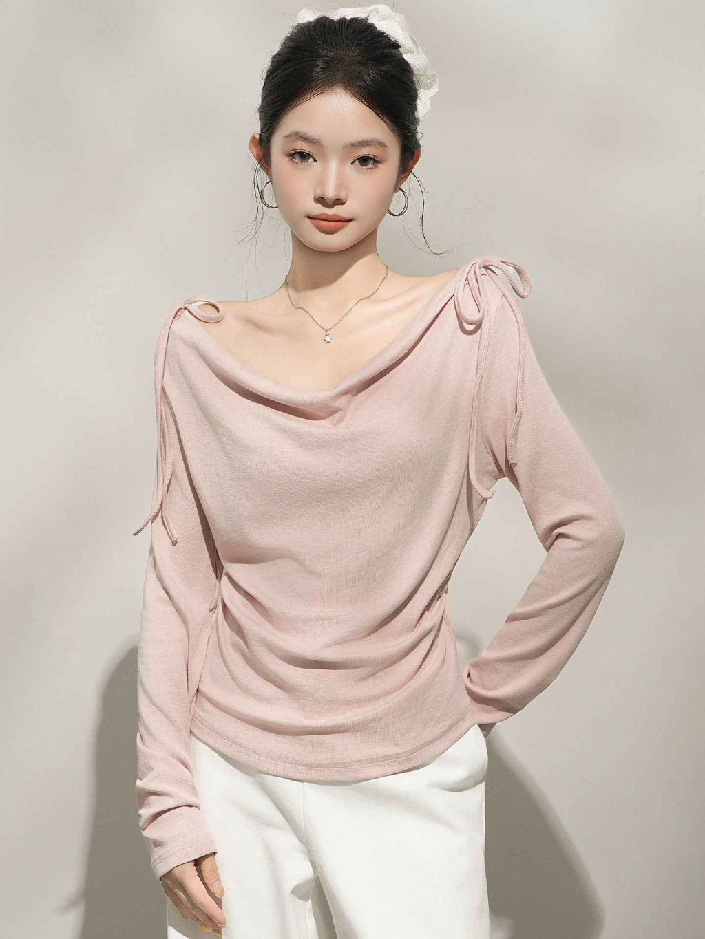 Chic Pink Off-Shoulder Long Sleeve Top for Women, One-Shoulder Neckline Inner Layer