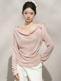 Chic Pink Off-Shoulder Long Sleeve Top for Women, One-Shoulder Neckline Inner Layer