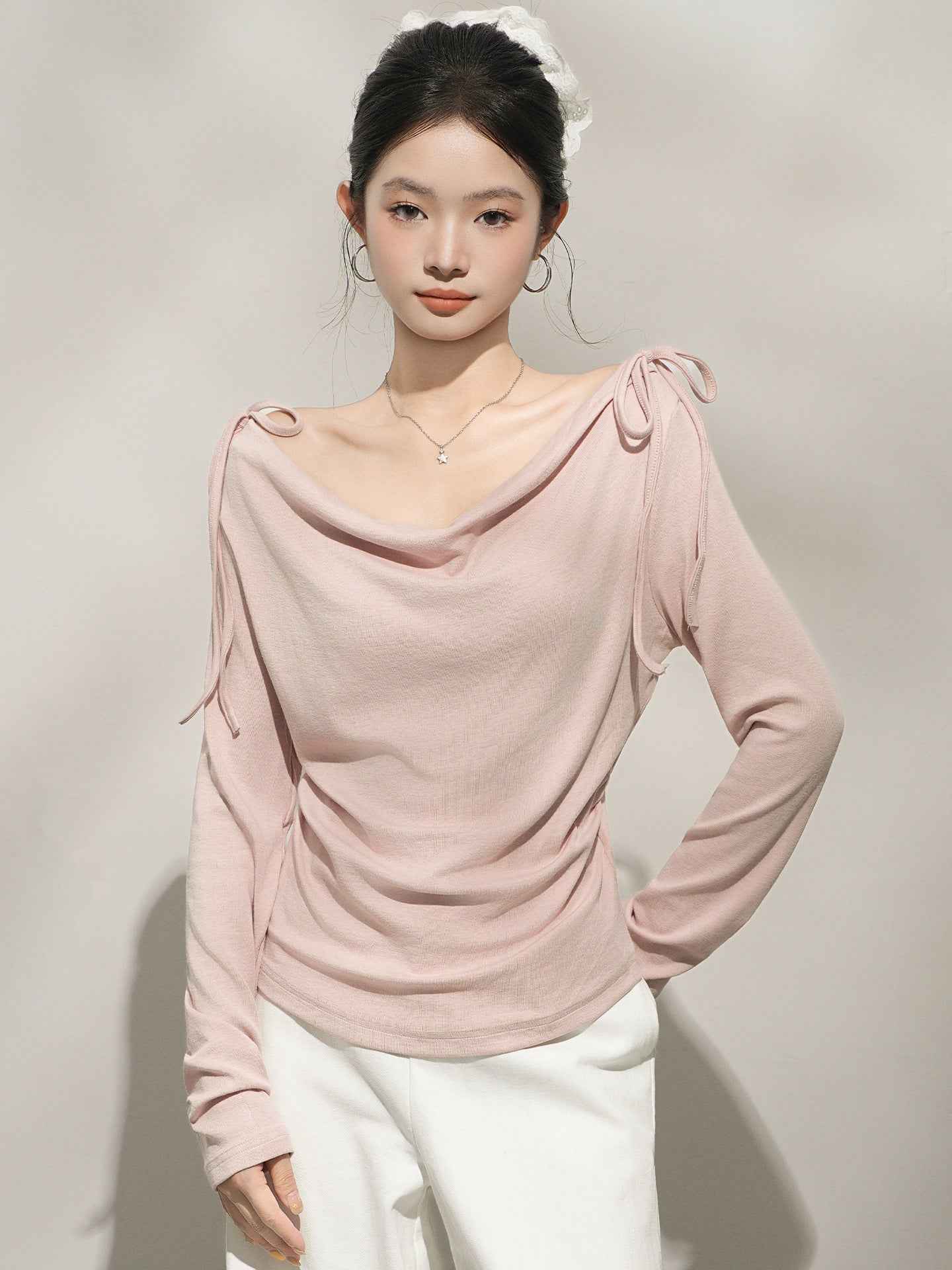 Chic Pink Off-Shoulder Long Sleeve Top for Women, One-Shoulder Neckline Inner Layer