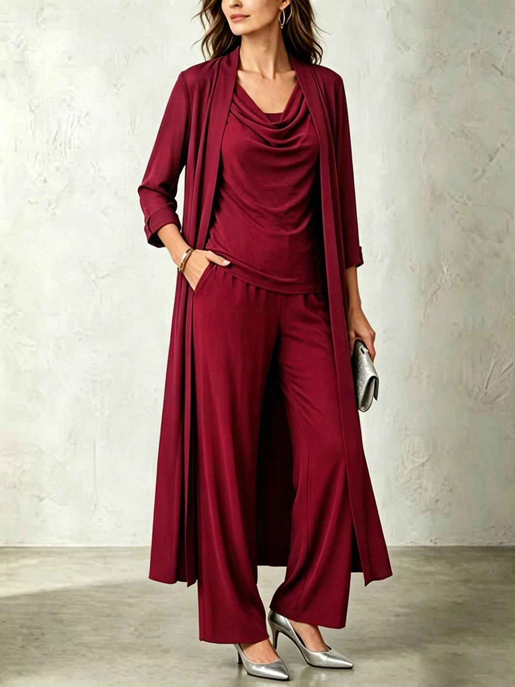 Long sleeved swing collar top long cardigan jacket long pants three piece set - MODALIFE