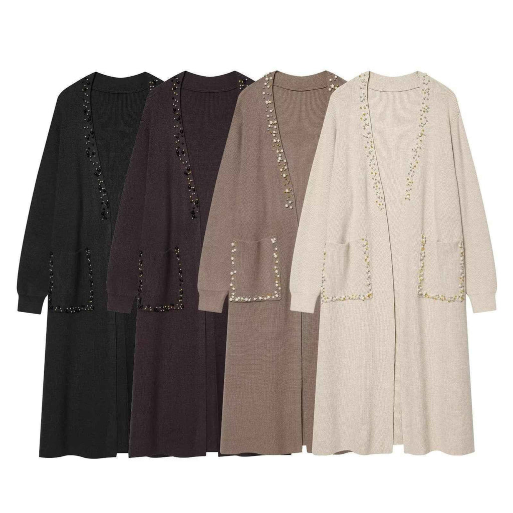 Retro style nail bead long knitted cardigan jacket