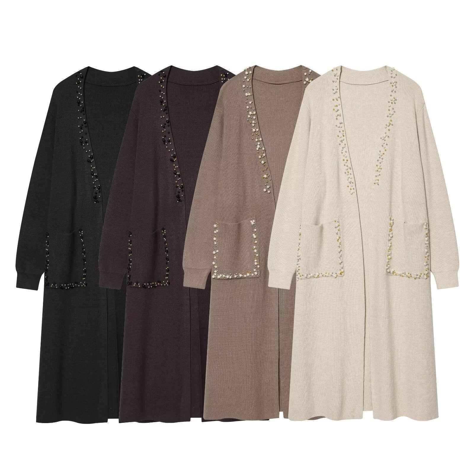 Retro style nail bead long knitted cardigan jacket