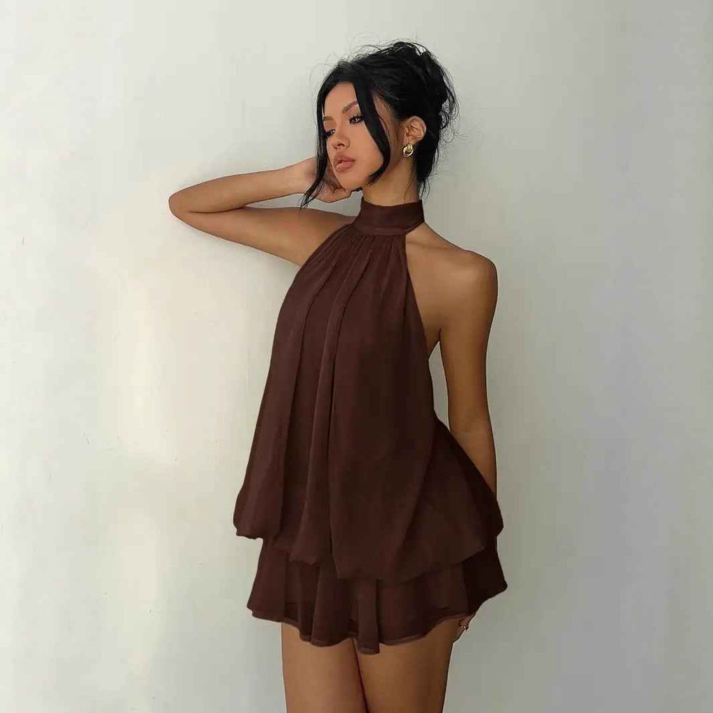 Women's vacation fitted sexy backless halter neck tie-waist dress with puffy short skirt