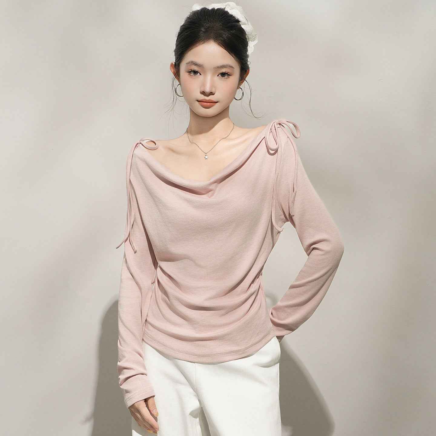 Chic Pink Off-Shoulder Long Sleeve Top for Women, One-Shoulder Neckline Inner Layer - MODALIFE