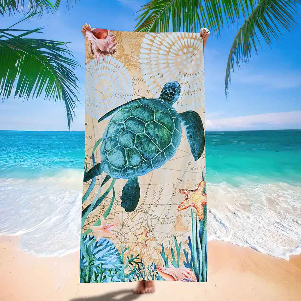 Ocean Turtle Pattern Beach Towel Ultra-Fine Fiber Quick-Dry Double-Sided Fleece Bath Towel Sand Blanket