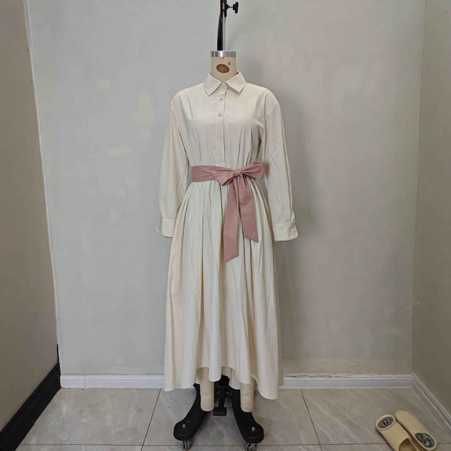 Long sleeved shirt collar solid color long skirt dress - MODALIFE