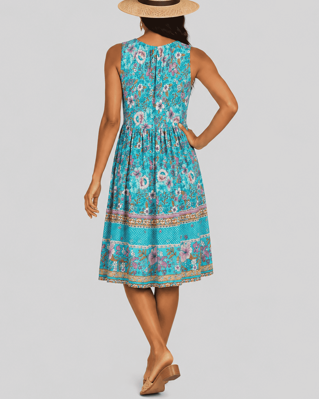 Women's Fashion Ethnic Style Blue Printed V-Neck Open Front Sleeveless Dress - MODALIFE