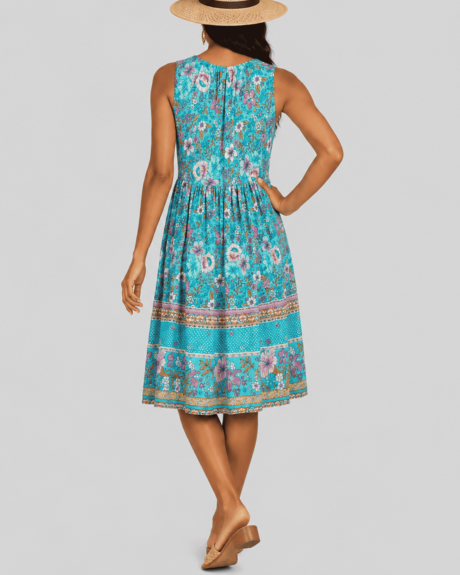 Women's Fashion Ethnic Style Blue Printed V-Neck Open Front Sleeveless Dress - MODALIFE