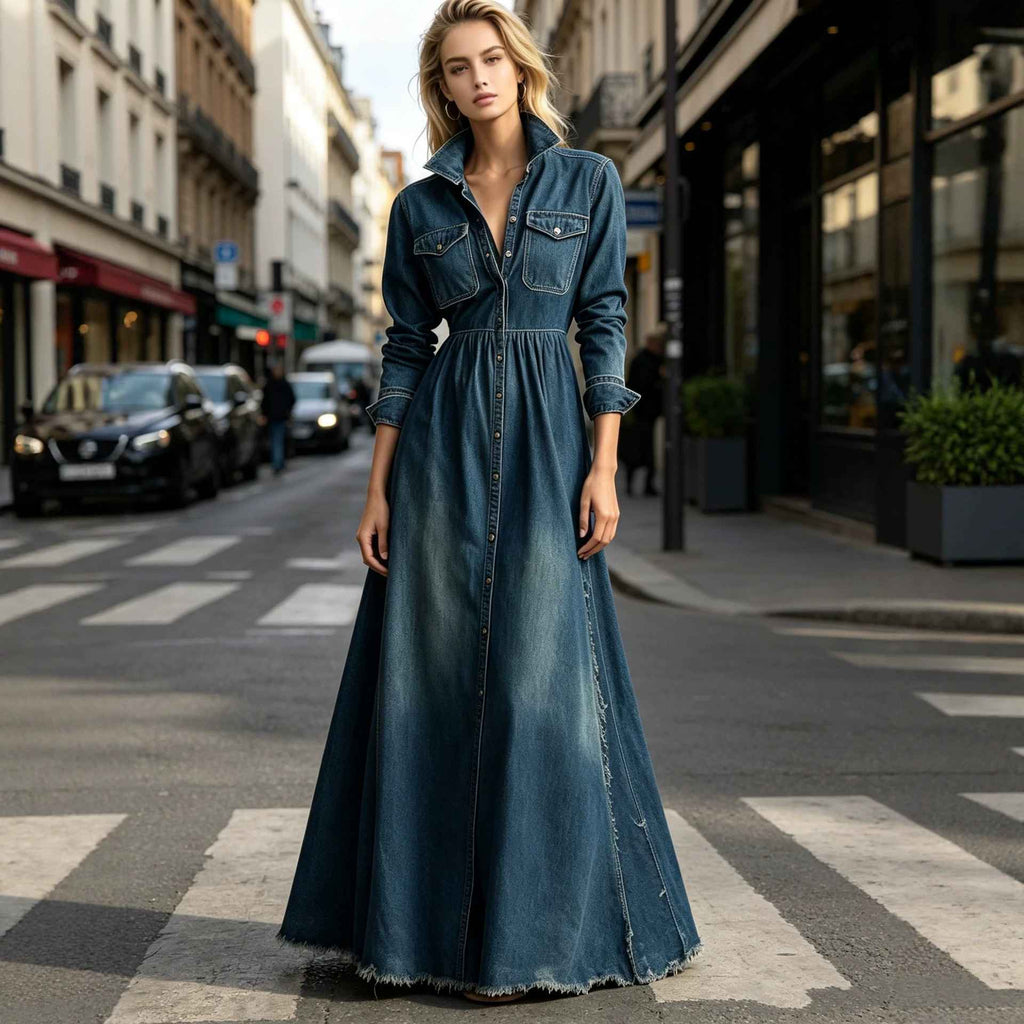 Style Retro Elegant Fitted Long Sleeve Denim Dress with Flared Skirt - MODALIFE