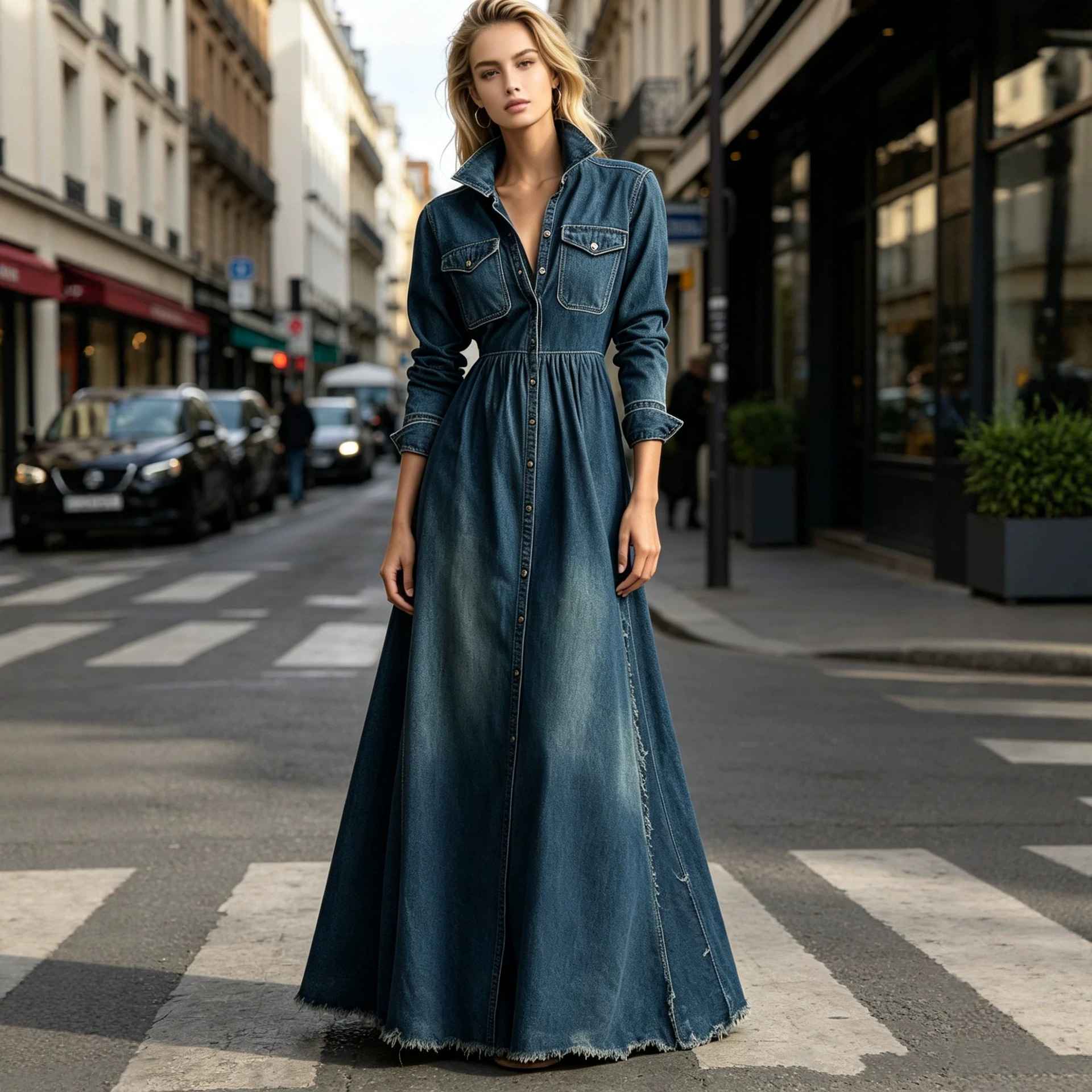 Style Retro Elegant Fitted Long Sleeve Denim Dress with Flared Skirt - MODALIFE