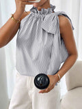 Fashionable Casual Sleeveless Striped Lace Trim High Neck Tie Knot T-Shirt Top - MODALIFE