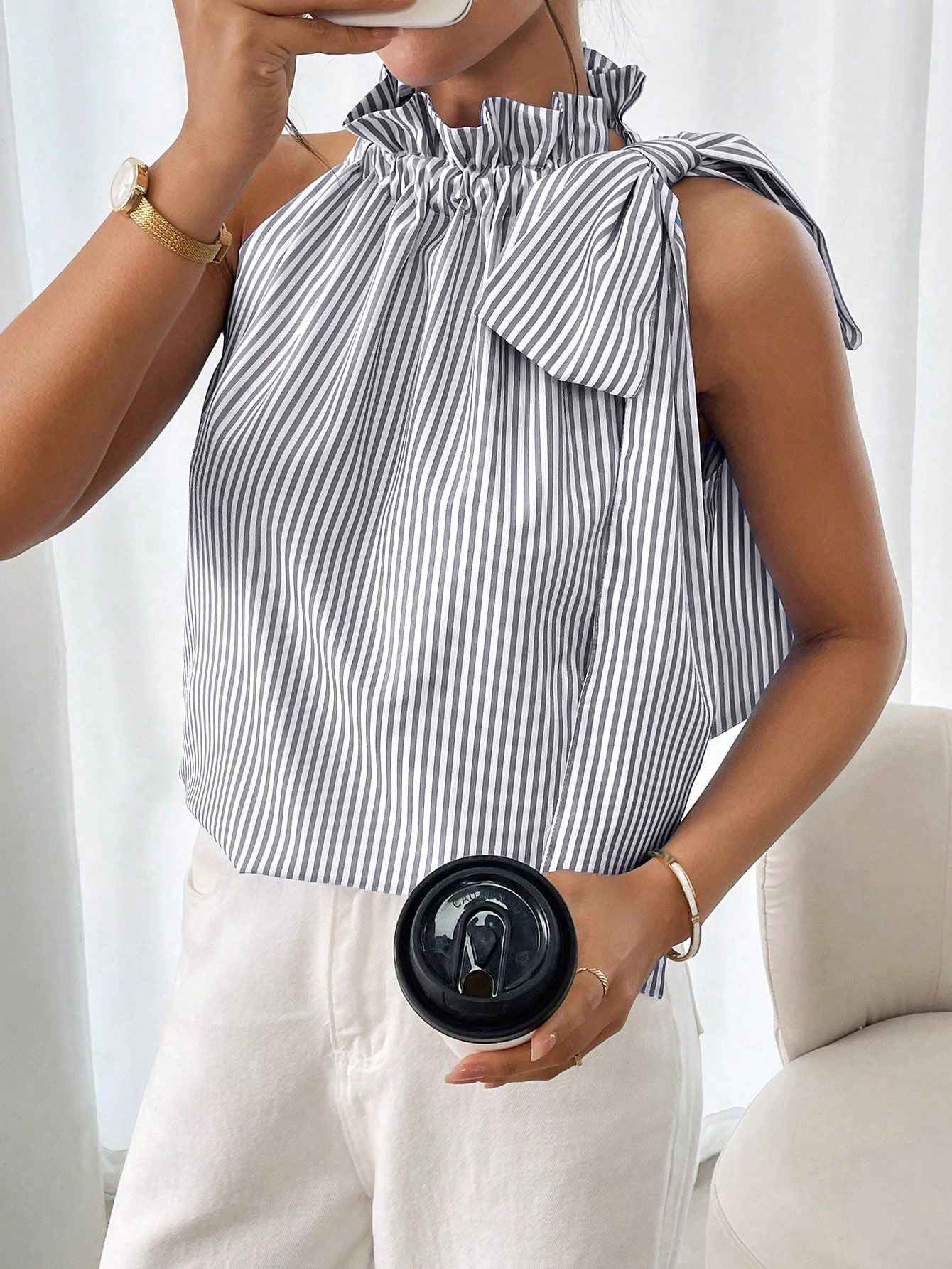 Fashionable Casual Sleeveless Striped Lace Trim High Neck Tie Knot T-Shirt Top - MODALIFE
