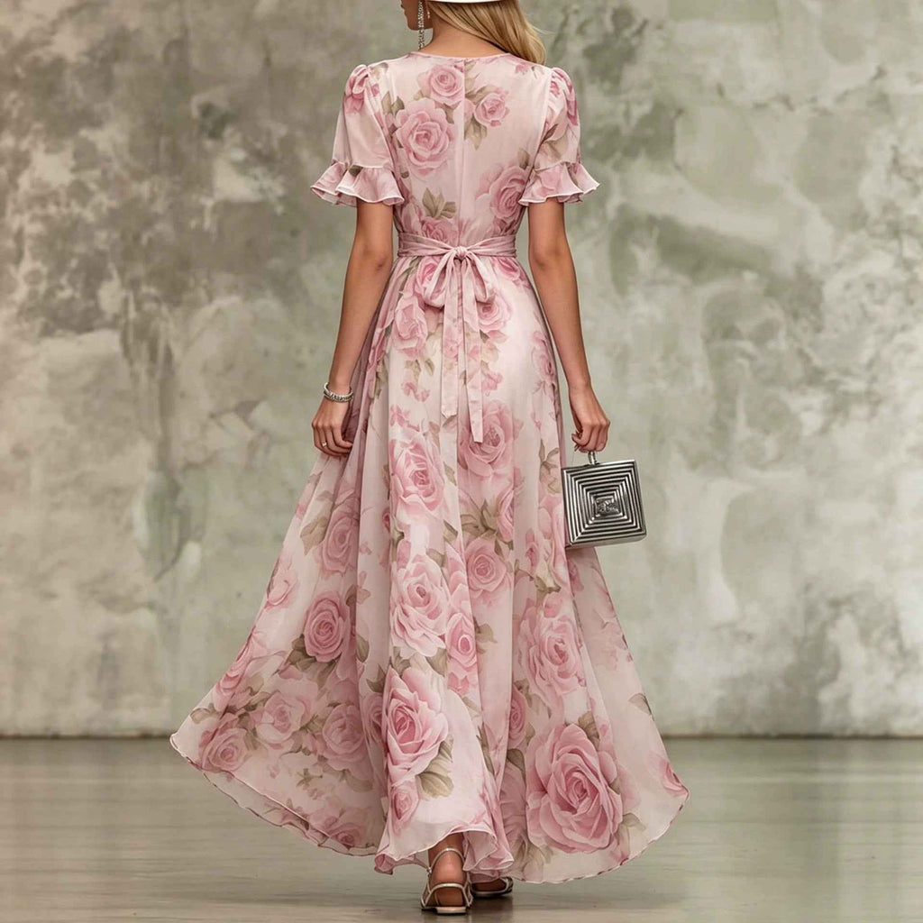 Deep V-neck ruffle sleeve printed dress - MODALIFE