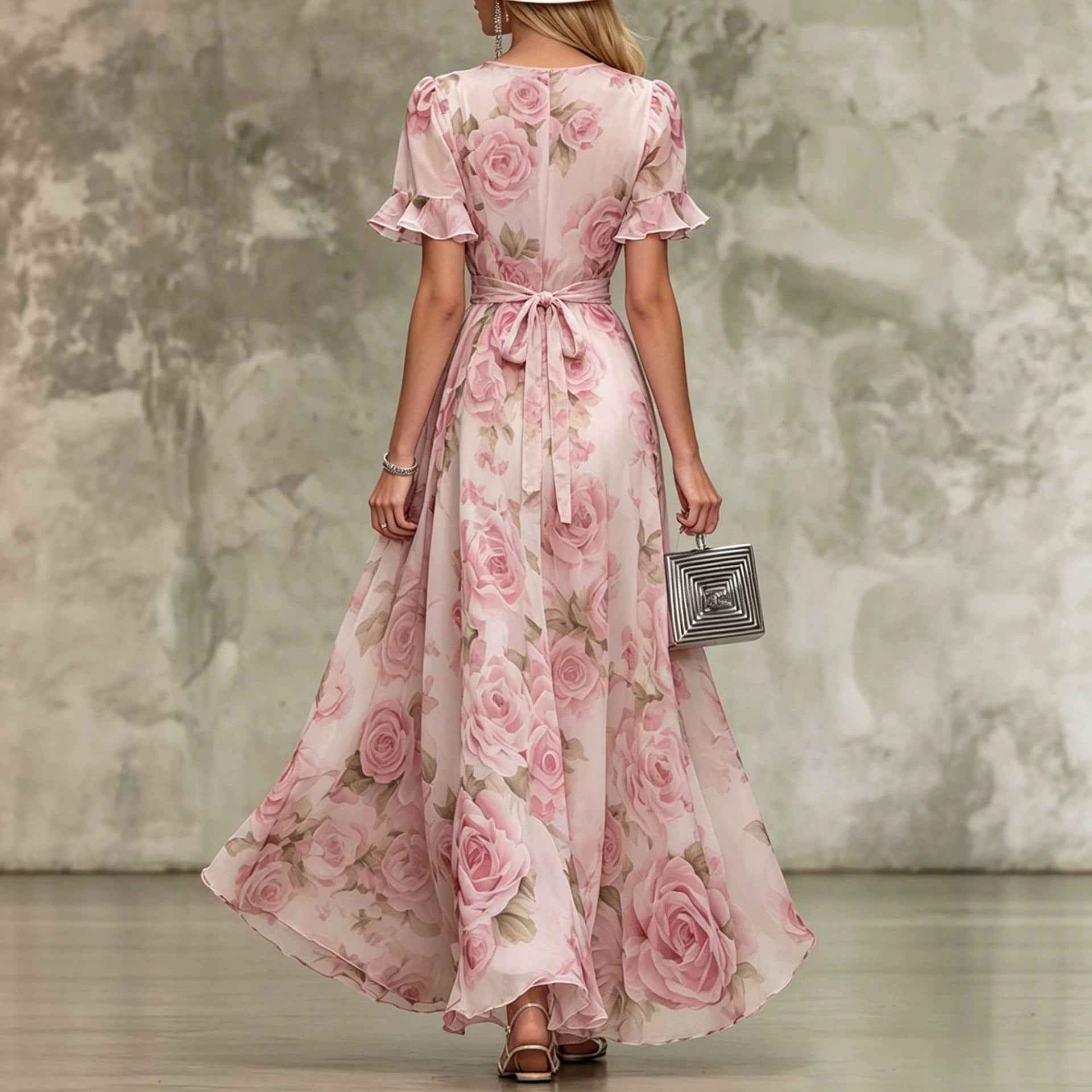 Deep V-neck ruffle sleeve printed dress - MODALIFE