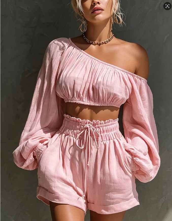 Shoulder long sleeved short top+high waisted casual shorts set for women - MODALIFE