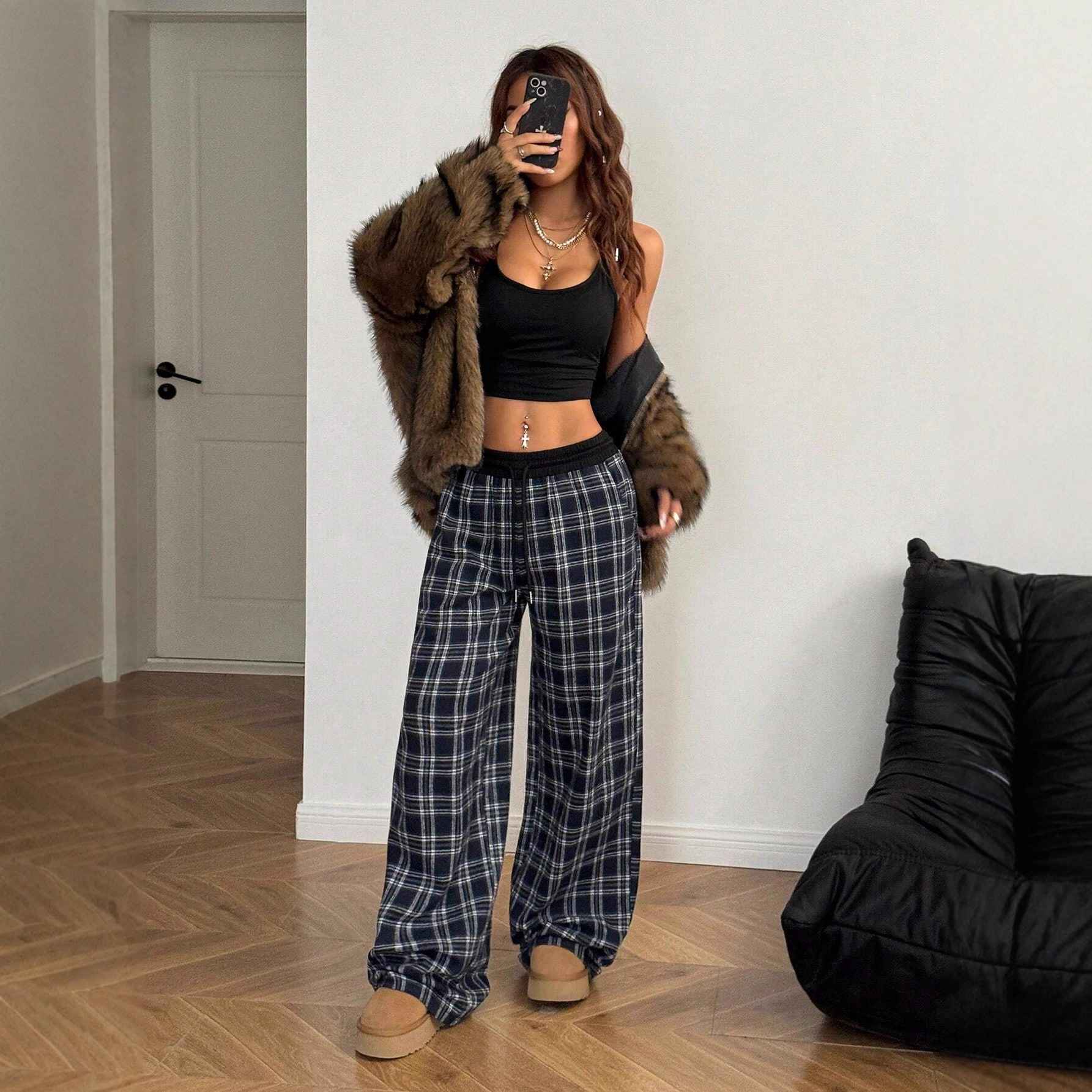 Loose Lazy Style Straight Leg Plaid Patchwork High Waist Drape Casual Sweatpants - MODALIFE