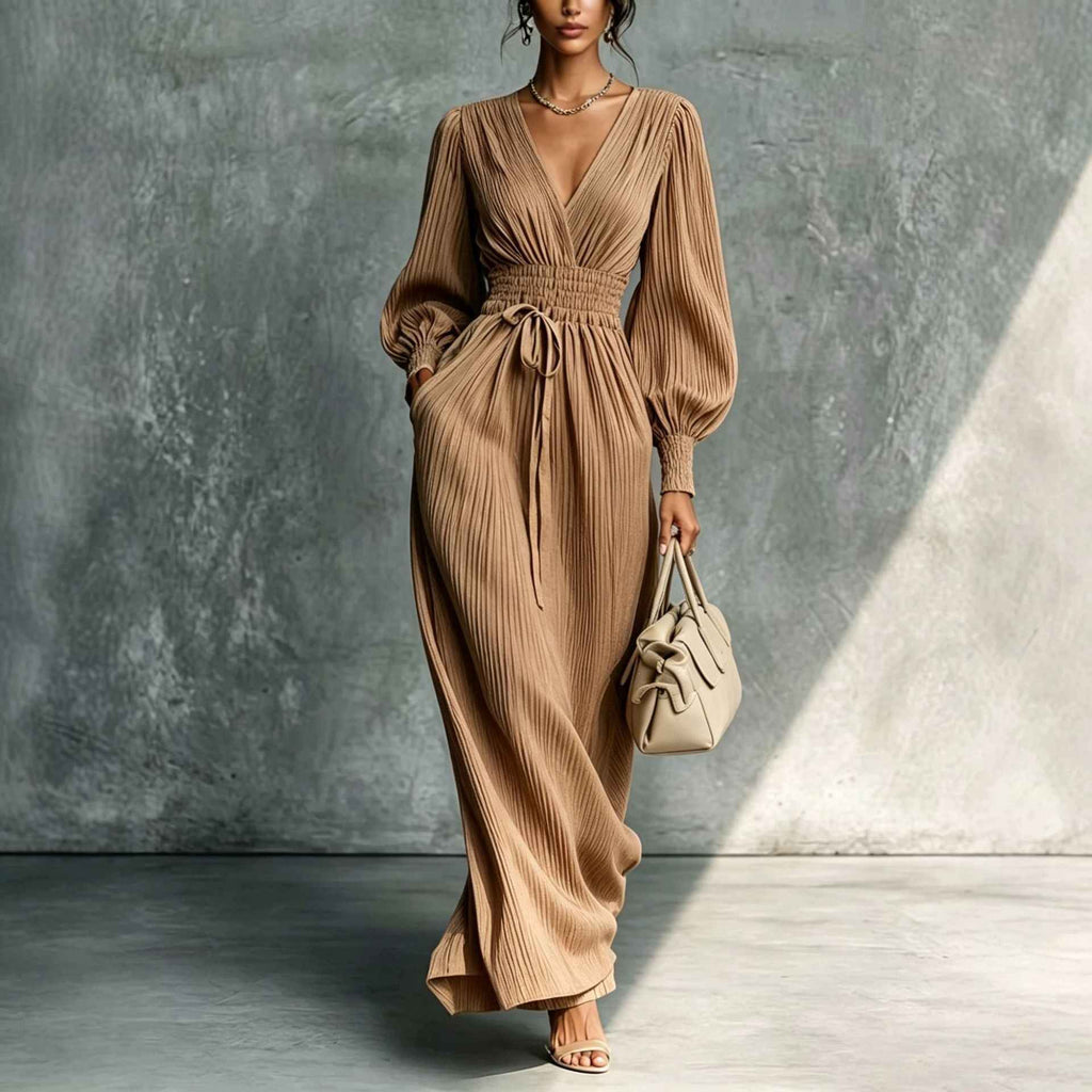 Solid color casual waist cinched long sleeved dress - MODALIFE