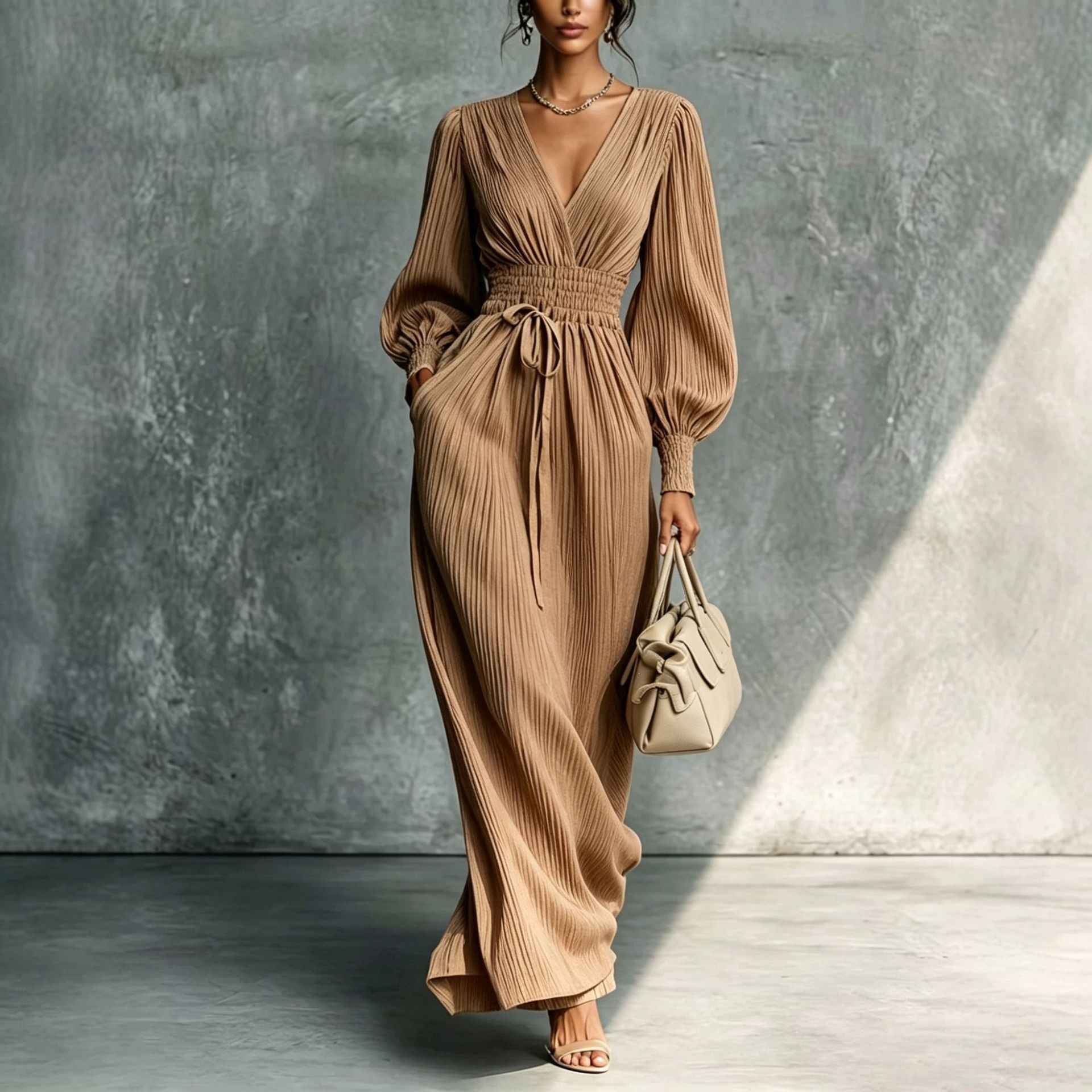 Solid color casual waist cinched long sleeved dress - MODALIFE