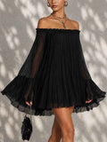 Elegant Black Off-Shoulder Backless Pleated Lantern Sleeve Mini Dress - MODALIFE