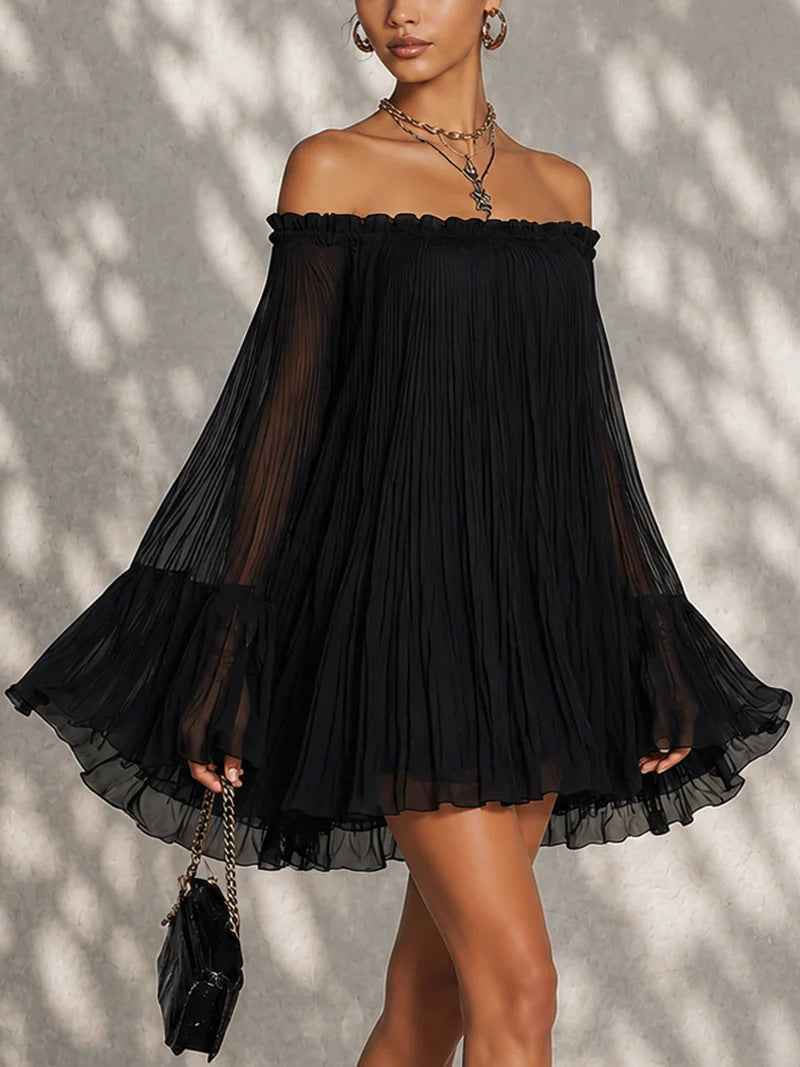 Elegant Black Off-Shoulder Backless Pleated Lantern Sleeve Mini Dress - MODALIFE