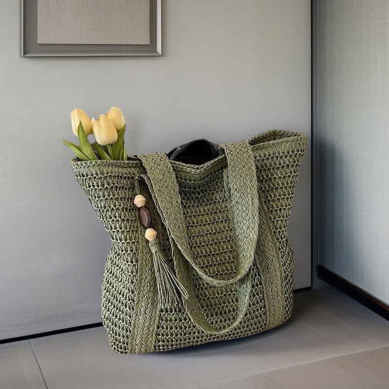 Large capacity commuting straw woven bag hand-held woven vacation style beach shoulder bag
