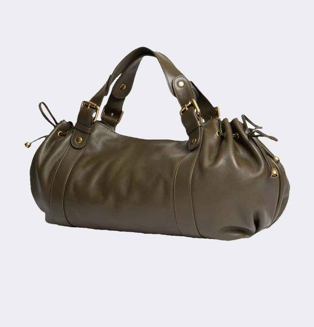 Black large capacity soft leather tote bag with pleated drawstring hand-held shoulder bag
