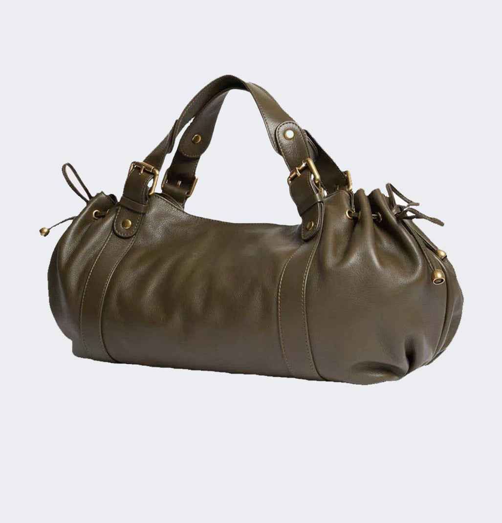 Black large capacity soft leather tote bag with pleated drawstring hand-held shoulder bag