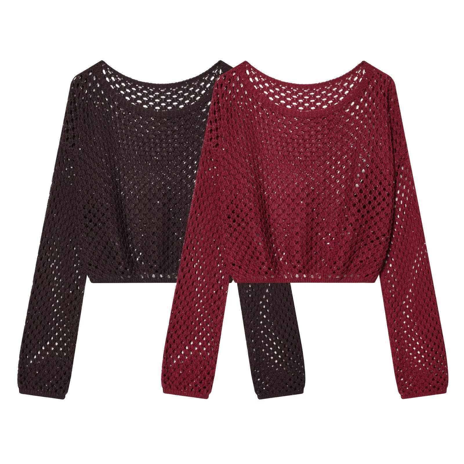 Spicy girl sequin hollow out short long sleeved knitted sweater