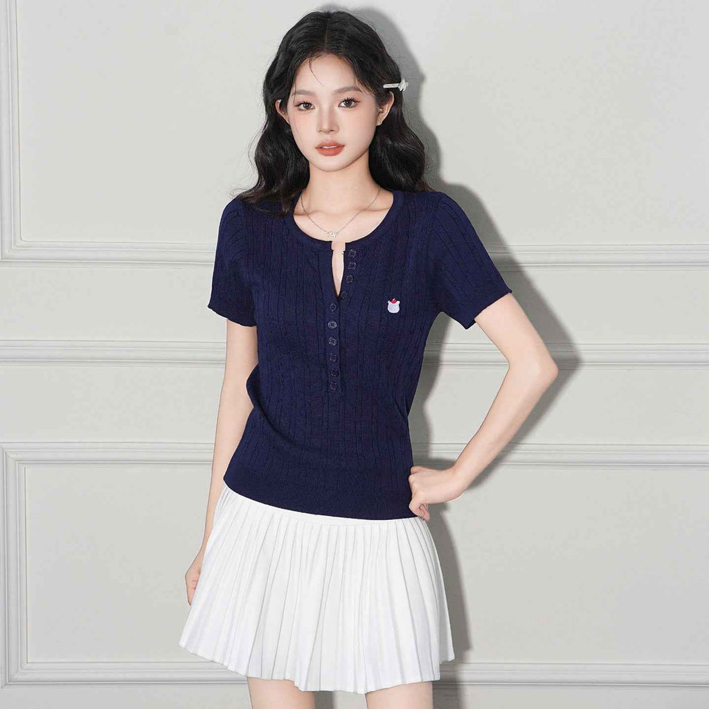 Neck Lightweight Knit Short Sleeve T-Shirt for Women, Fitted Cable Knit V-Neck Regular Shoulder Top