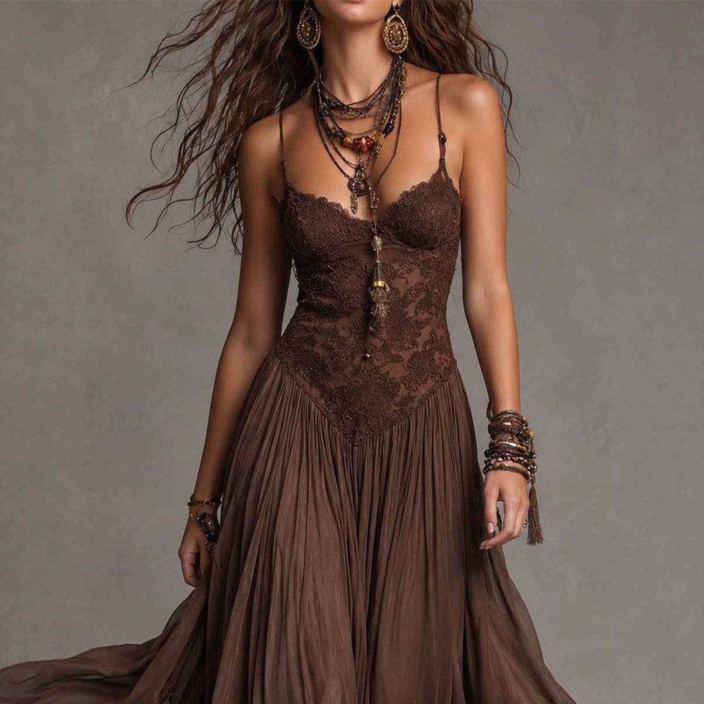 Chiffon Printed Strap Fitted Long Dress, Vintage Flowy Maxi Dress - MODALIFE