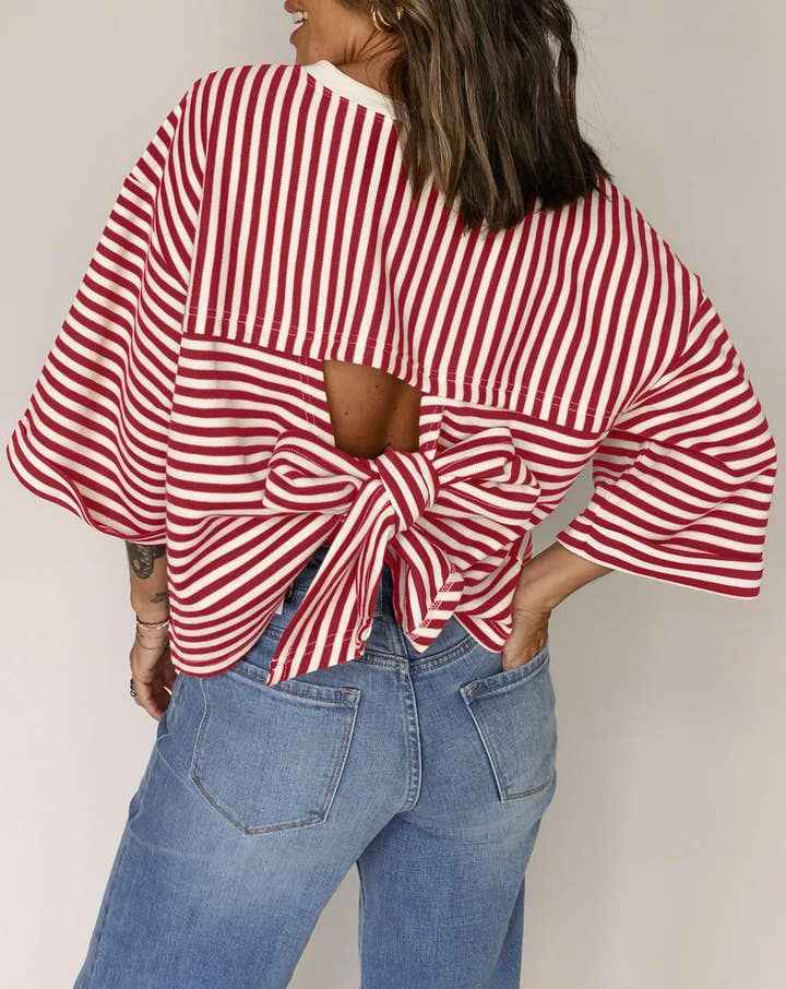 Round neck striped back tie bow pullover top - MODALIFE