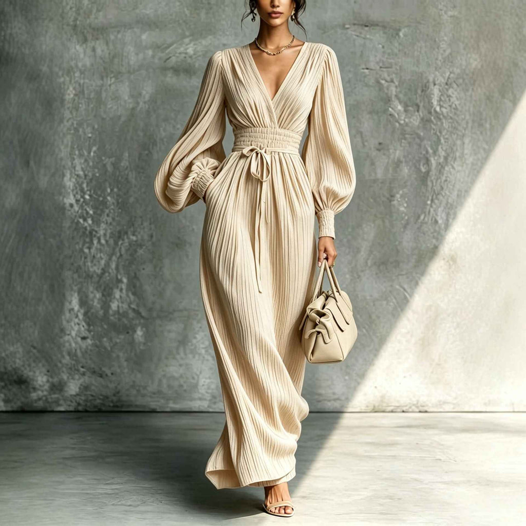 Solid color casual waist cinched long sleeved dress - MODALIFE