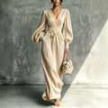 Solid color casual waist cinched long sleeved dress - MODALIFE