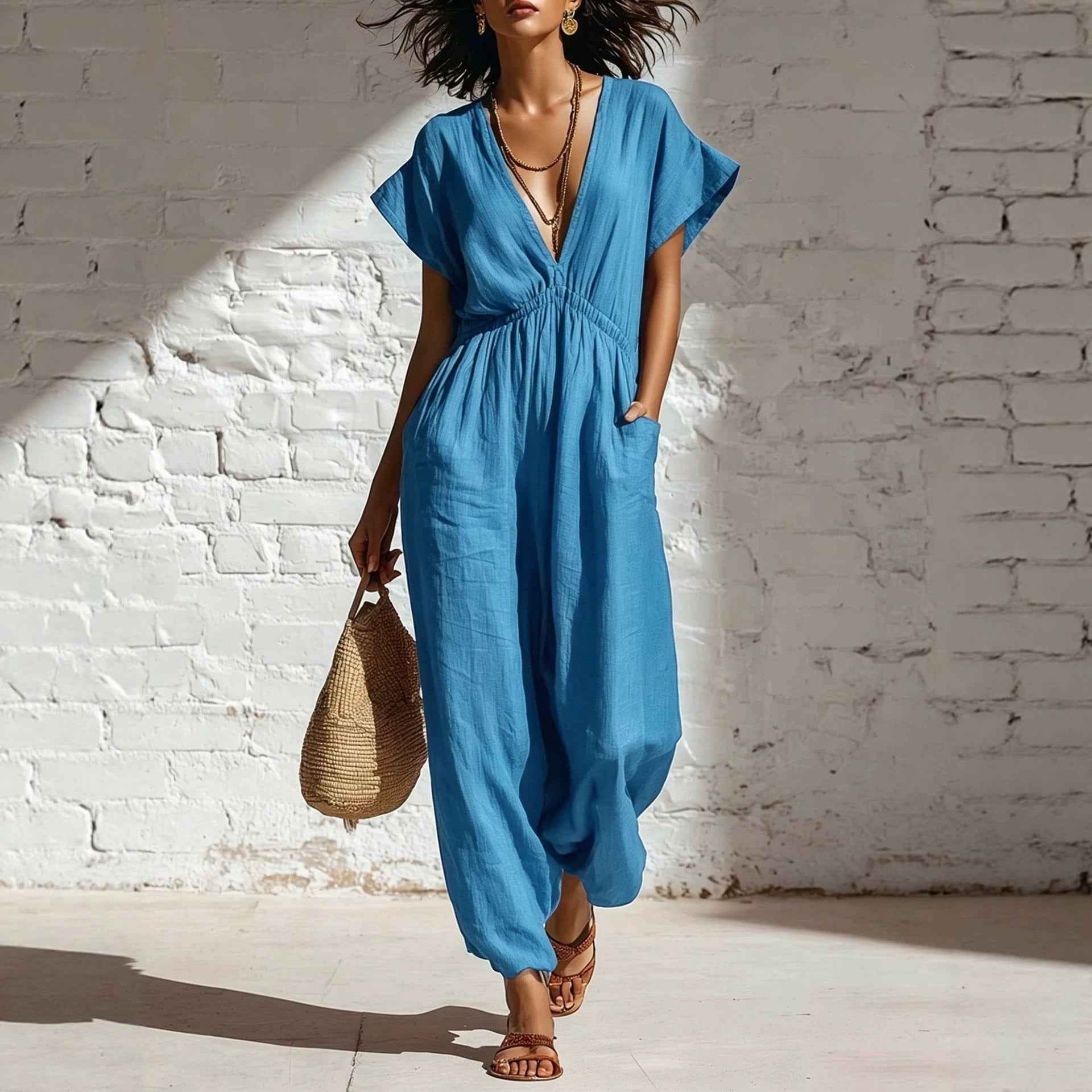 Deep V-neck loose fit pants for women